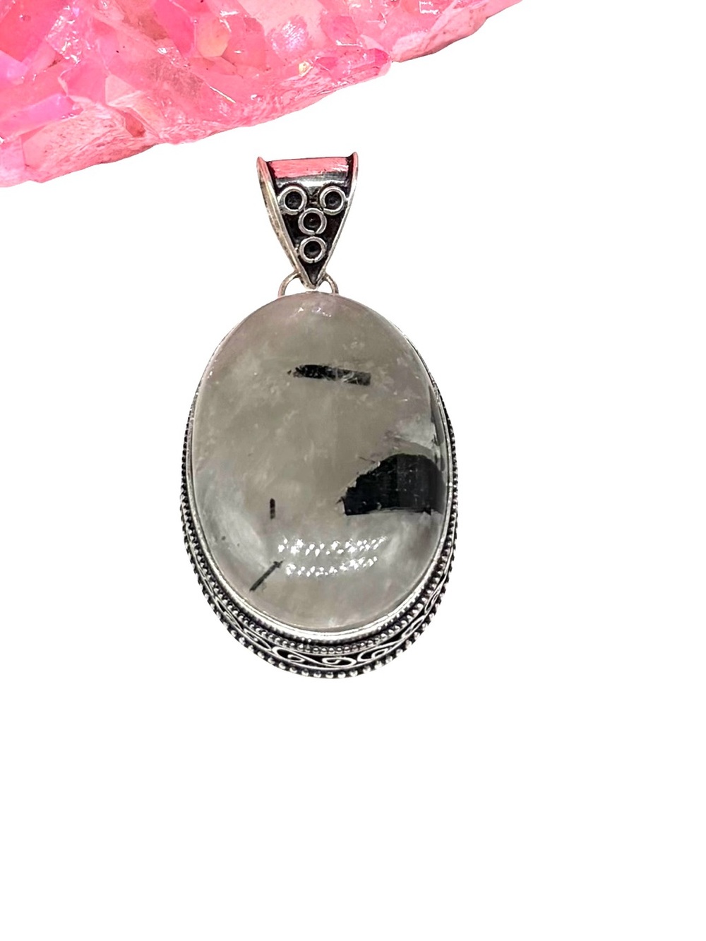 Rutilated Quartz Necklace Pendant 925 Sterling Silver Overlay Black Rutile Clear
